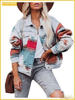 Women's Aztec Denim Jacket Shacket Button Down Distressed Blue Jean Jacket